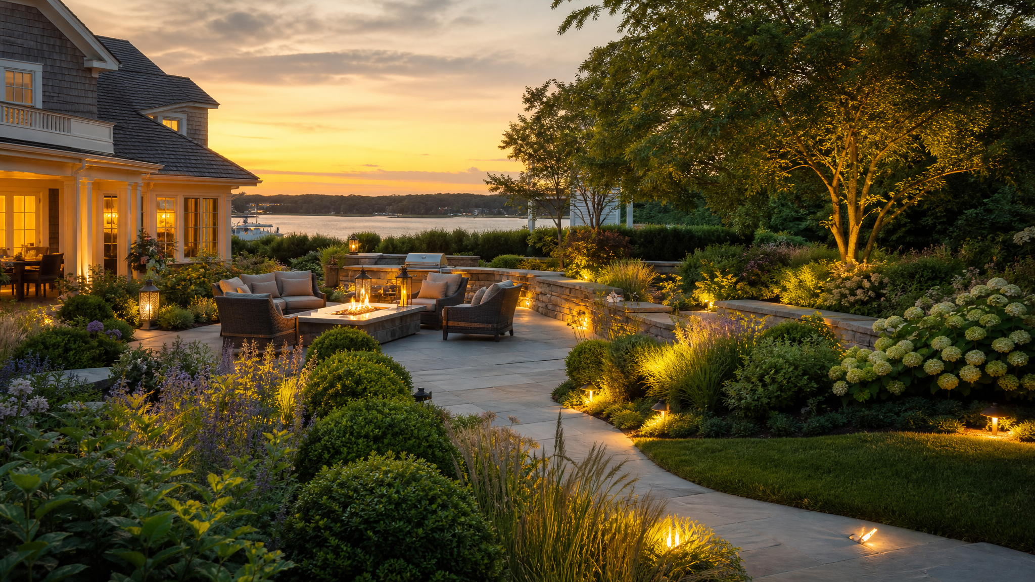 Luxury Huntington backyard landscaping at golden hour